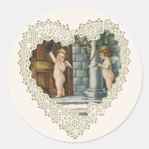 Victorian Valentine's Day, Vintage Angels w Letter Classic Round Sticker