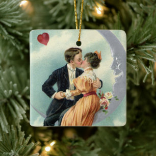 Victorian Valentine's Day Vintage Kiss on the Moon Ceramic Tree Decoration