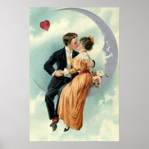 Victorian Valentine's Day Vintage Kiss on the Moon Poster
