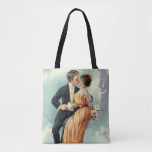 Victorian Valentine's Day Vintage Kiss on the Moon Tote Bag