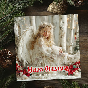 Victorian vintage angel red poinsettias holiday card