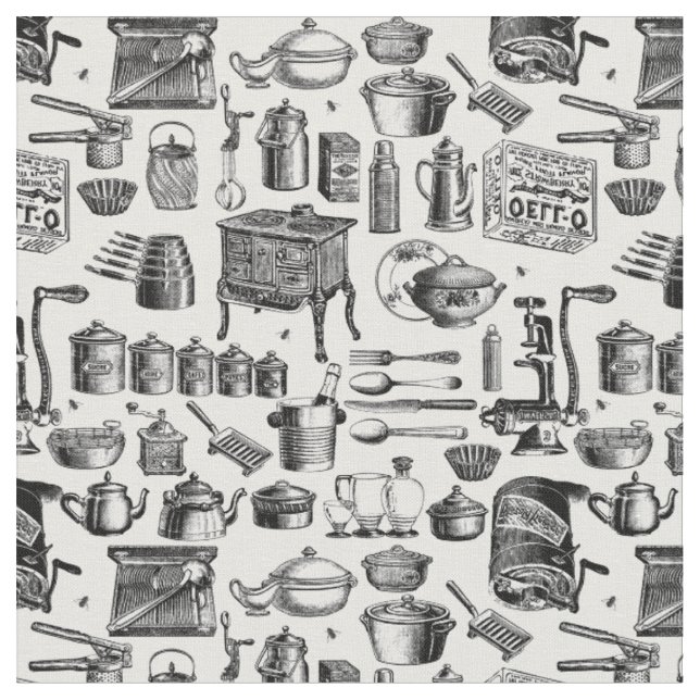 victorian vintage antique kitchen cookware toile fabric (Close Up)