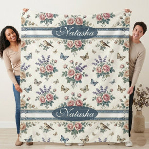 Victorian Vintage English Garden Butterfly Birds Sherpa Blanket