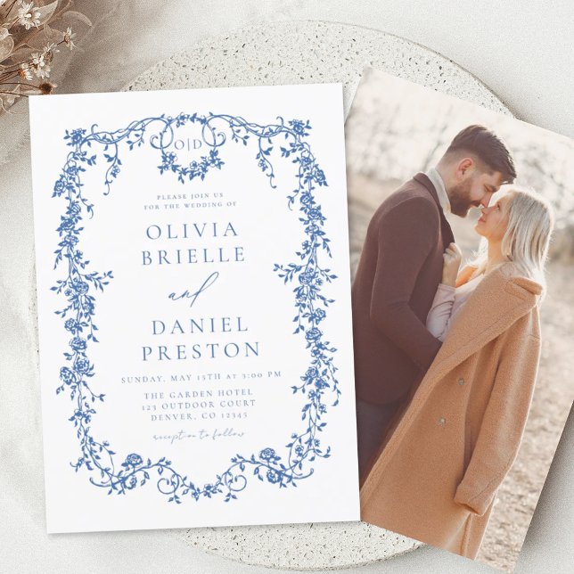 Victorian Vintage French Photo Blue Wedding Invitation (Creator Uploaded)