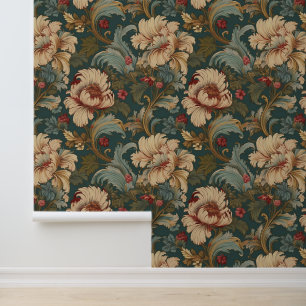 Victorian Vintage Large Floral Cream Peony on Teal Wallpaper