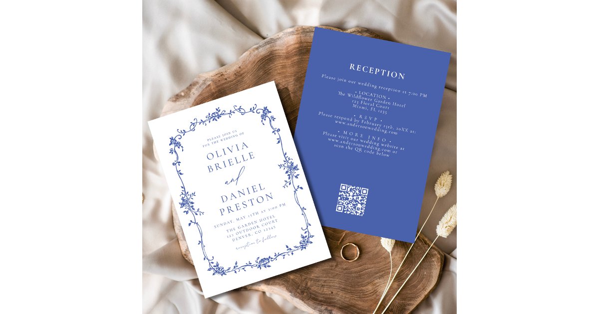 Victorian Vintage QR Code Blue Floral Wedding Invitation | Zazzle