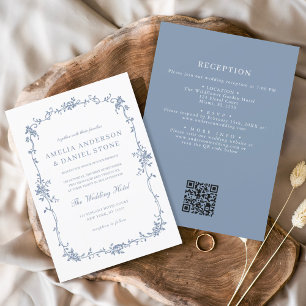 Victorian Vintage QR Code Blue Floral Wedding Invitation