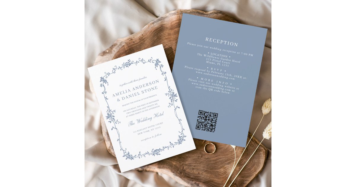 Victorian Vintage QR Code Blue Floral Wedding Invitation | Zazzle
