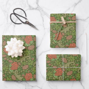 Victorian Vintage Red Roses Pink Mums Floral Wrapping Paper Sheet