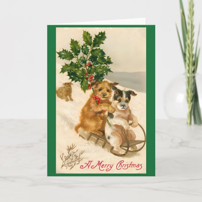 Victorian Vintage Retro Christmas Dogs Holiday Card (Front)