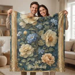Victorian Vintage Soft Ivory Peony English Garden Sherpa Blanket
