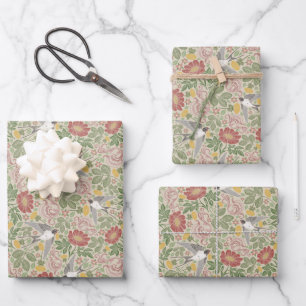 Victorian Vintage Spring Red Daisy & Flying Birds Wrapping Paper Sheet