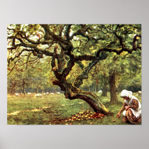 Victorian Watercolor: Girl picking Apples Poster