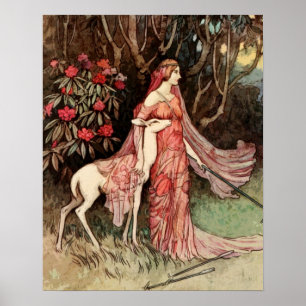 Victorian Watercolor of Woman with Deer Poster
