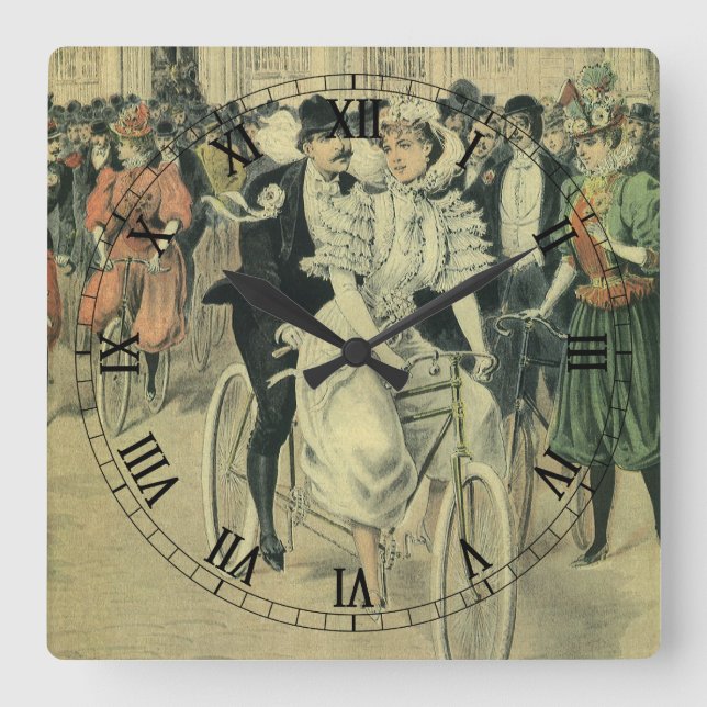 Victorian Wedding Bride and Groom Newlywed Bicycle Square Wall Clock (Front)