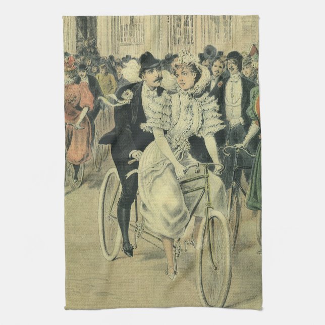 Victorian Wedding Bride and Groom Newlywed Bicycle Tea Towel (Vertical)