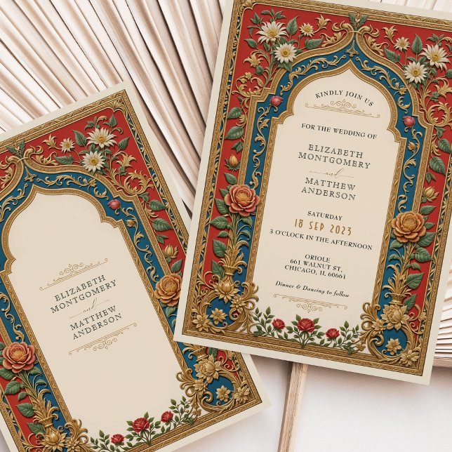 Victorian Wedding Red & Gold Floral Accents Invitation (Creator Uploaded)