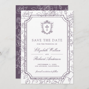 Victorian White and Dusty Purple Catholic Wedding Save The Date
