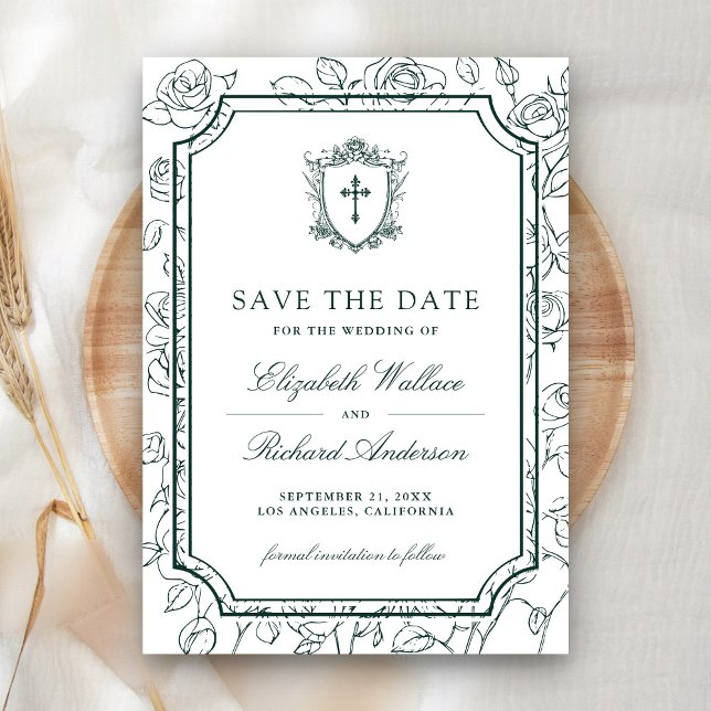 Victorian White and Emerald Green Catholic Wedding Save The Date (Creator Uploaded)