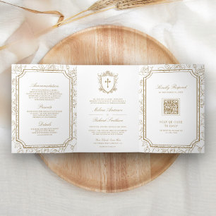 Victorian White and Gold Catholic QR Code Wedding Tri-Fold Invitation