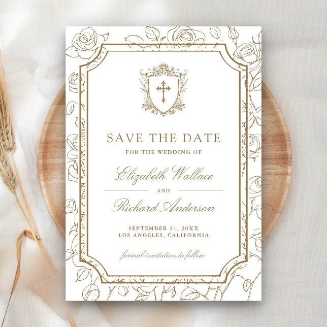 Victorian White and Gold Catholic Wedding Save The Date (Creator Uploaded)