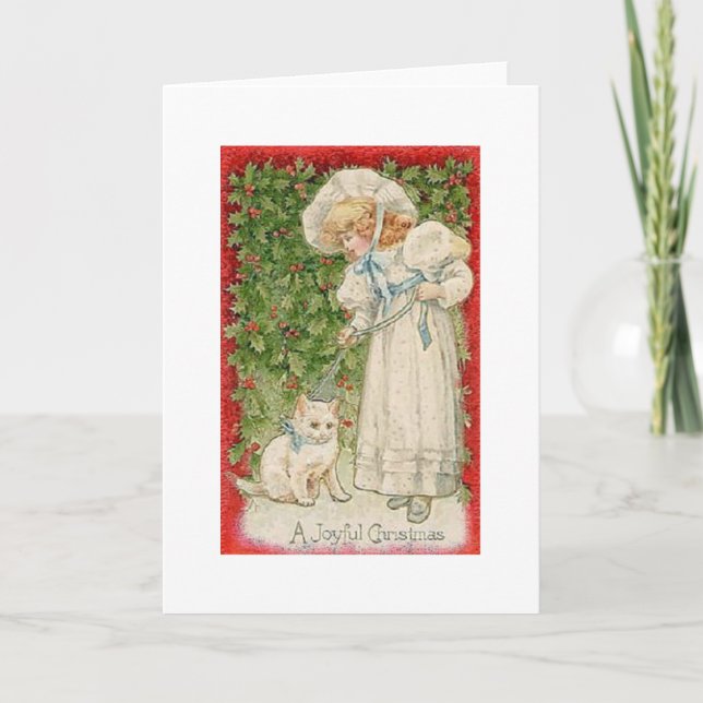 Victorian White Cat Christmas Greeting Card (Front)