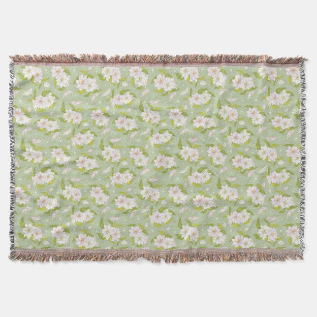 Victorian White Flower on Green Pattern Throw (Front)