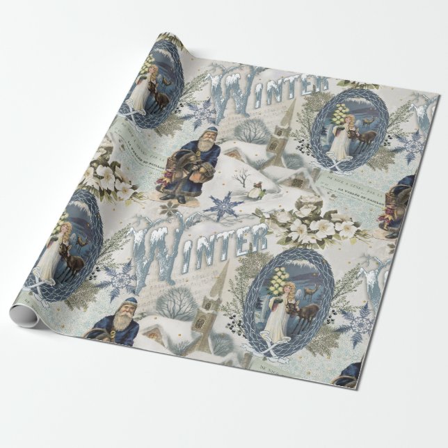 Victorian Winter Blues Vignette Wrapping Paper (Unrolled)