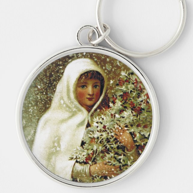 Victorian winter girl holly berry branches snow key ring (Front)