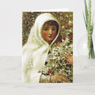 Victorian winter girl holly berry snow painting card
