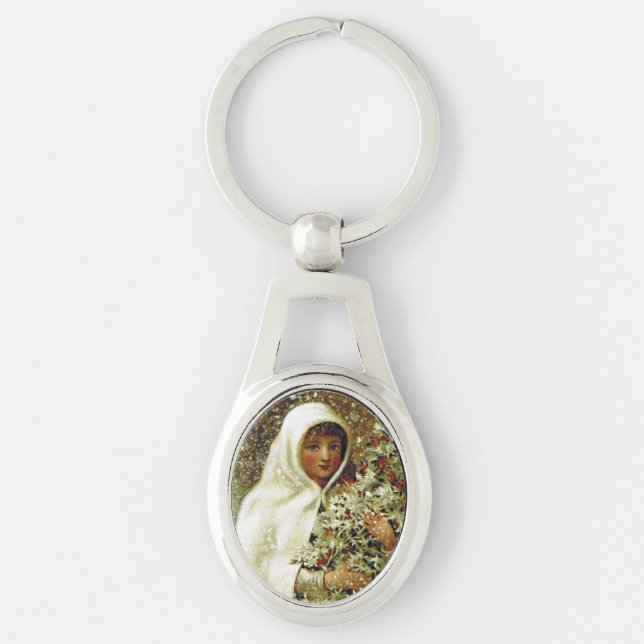 Victorian winter girl holly berry snow painting  key ring (Front)
