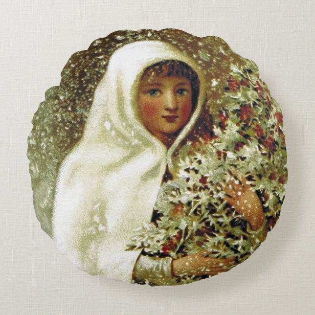 Victorian winter girl holly berry snow round cushion (Front)