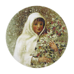 Victorian winter girl holly berry snowfall cutting board
