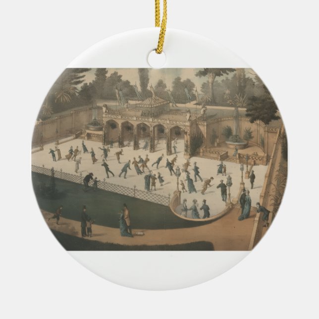 Victorian Winter Ice Skating Lithograph Ceramic Tree Decoration (Front)