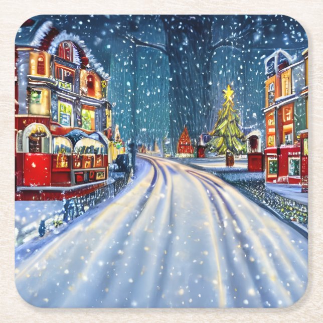 Victorian Winter Wonderland Christmas Village Square Paper Coaster (Front)