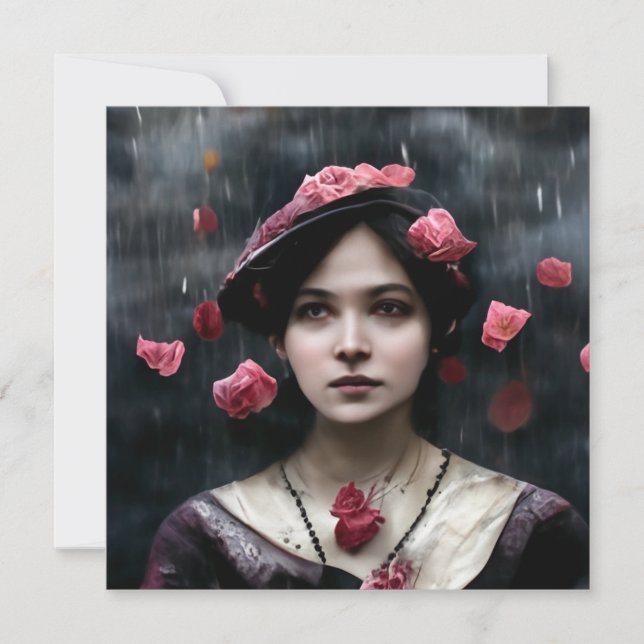 Victorian woman and raining rose petals card (Front)