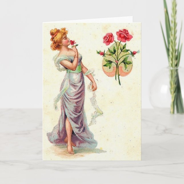 Victorian Woman And Red Roses Note Card (Front)