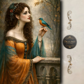 Victorian Woman Blue Bird Teal Elegance Decoupage Tissue Paper