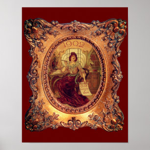 Victorian woman elegant picture frame gold red poster