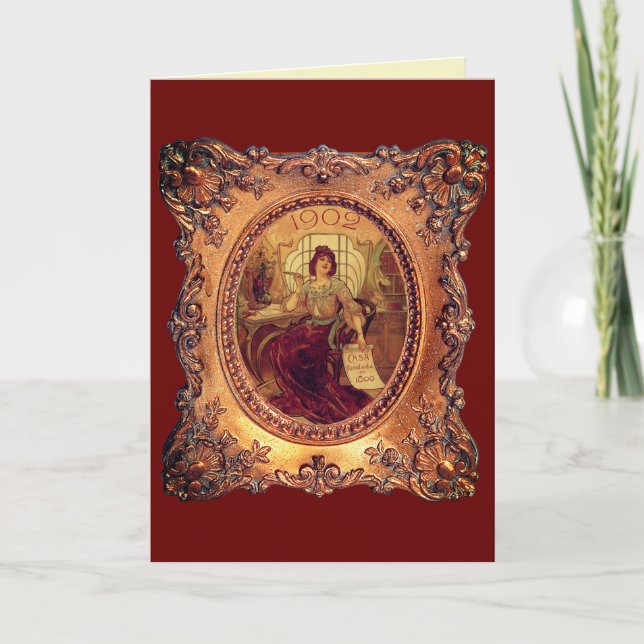 Victorian woman elegant picture frame red gold card (Front)