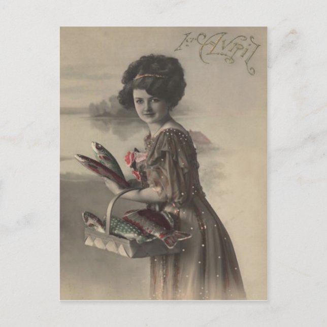 Victorian Woman Fish Poisson d'avril April Fool's Postcard (Front)