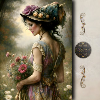 Victorian Woman Floral Bouquet Garden Decoupage Tissue Paper