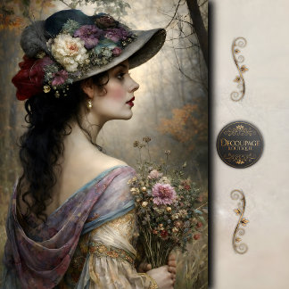 Victorian Woman Floral Hat Garden Decoupage Tissue Paper