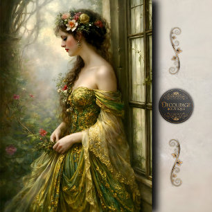 Victorian Woman Green Gold  Elegance Decoupage Tissue Paper