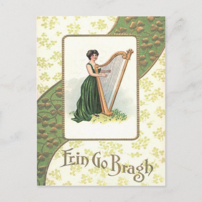 Victorian Woman Harp Shamrock Gold Postcard (Front)