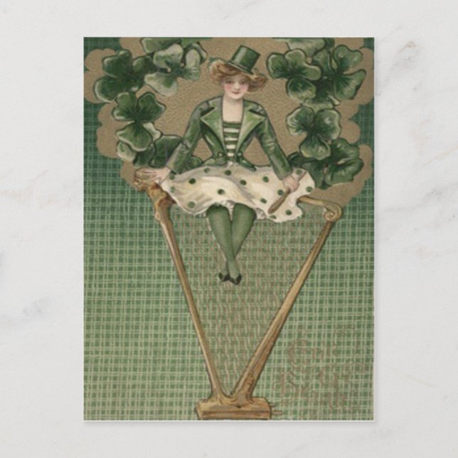 Victorian Woman Harp Shamrock Green Top Hat Postcard (Front)