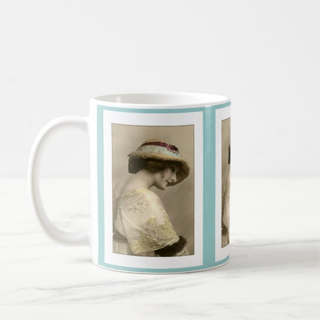 Victorian woman hat beaded dress coffee mug (Left)