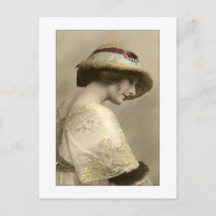 victorian woman hat beaded dress postcard
