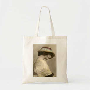 victorian woman hat beaded dress tote bag