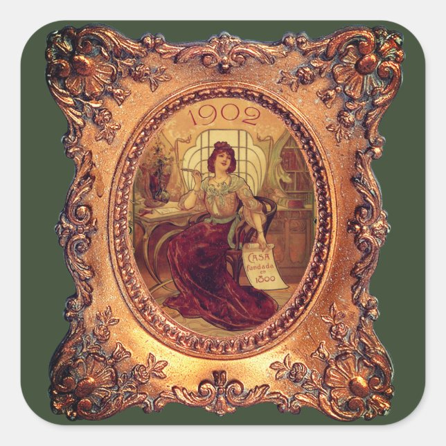 Victorian woman in elegant picture frame gold gree square sticker (Front)